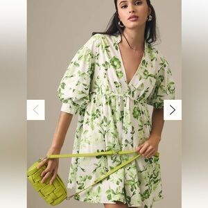 ANTHROPOLOGIE MAEVE dress V-Neck Tunic Babydoll Green Floral cotton lined